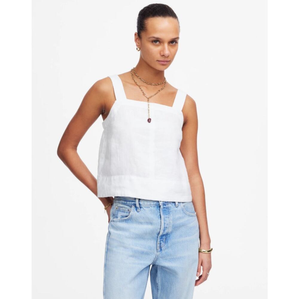 Madewell Contrast-Stitch Squareneck Linen Cropped Top WMNS 2XL White Sleeveless